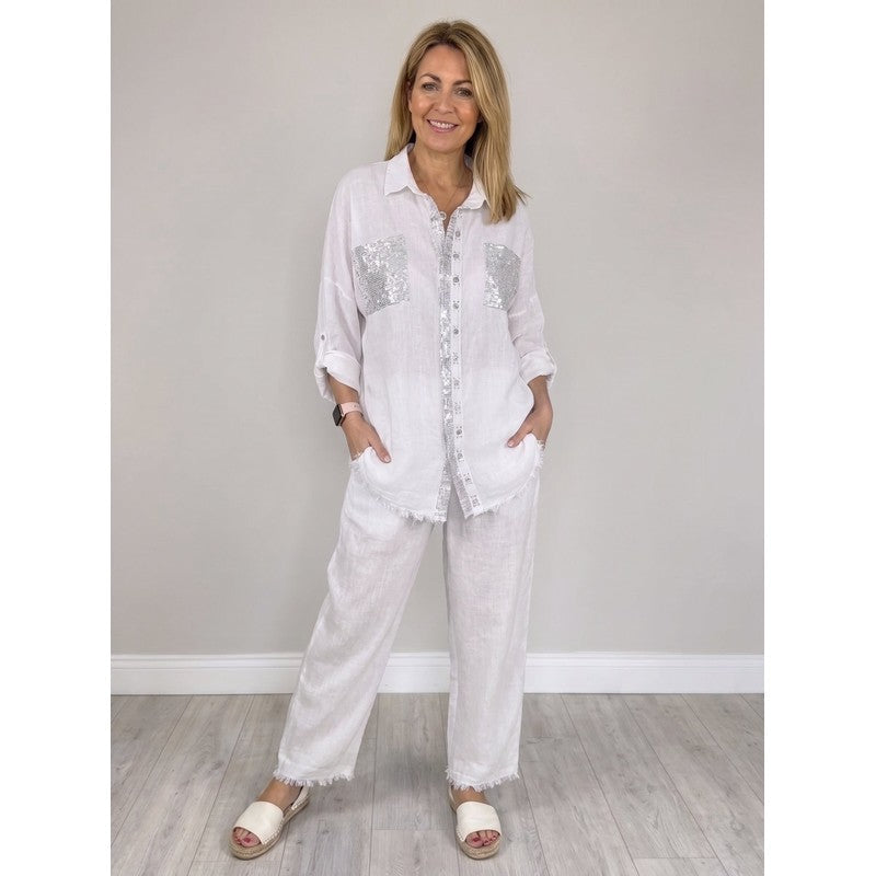 Estelle | Sequined Button-Front Blouse & Wide-Leg Pants Set