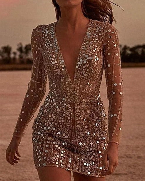Audrey | Sequin V-Neck Sheer Sleeve Dress