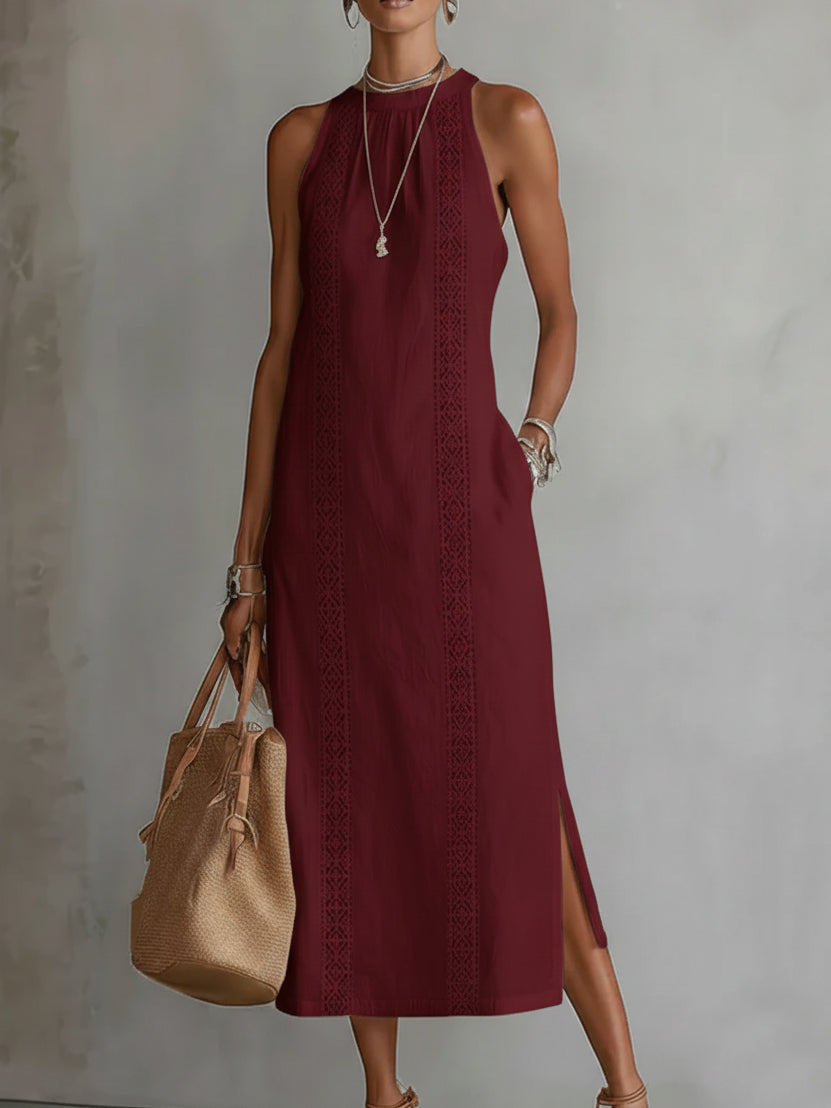 Linnea | Lace Trim Halter Midi Dress