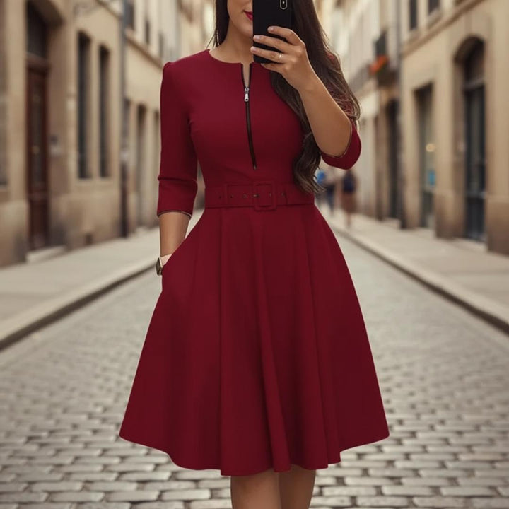 Sienna | Women's Flared Dress with Front Zip and Belt